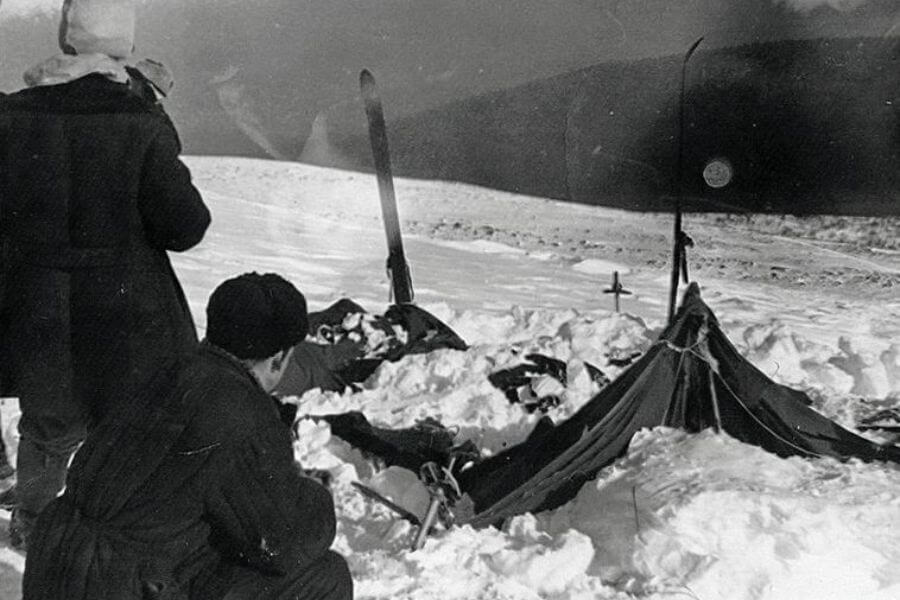 A view of the tent as the rescuers found it on Feb. 26, 1959. The tent had been cut open from inside, and most of the skiers had fled in socks or barefoot.