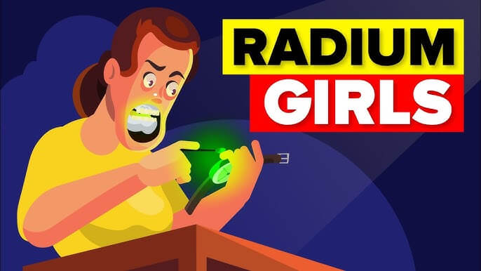 A stylized digital illustration of a woman in a yellow shirt with glowing green teeth, shocked as she paints a watch dial with a luminous green substance. The background is dark blue, and the bold text 'RADIUM GIRLS' is displayed in black and red over a yellow and red background.