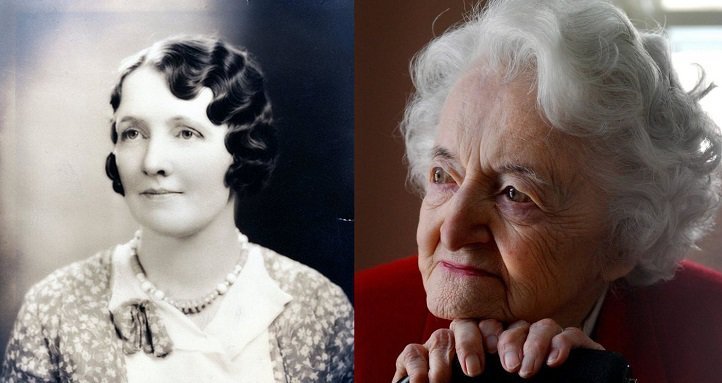 A side-by-side comparison of two portraits of the same woman at different stages of her life. The left side shows a young woman in a vintage black and white photograph, dressed in early 20th-century attire with short, curled hair. The right side is a modern color photograph of the same woman as an elderly lady with white hair, wearing a red outfit and resting her chin on her hands with a thoughtful expression