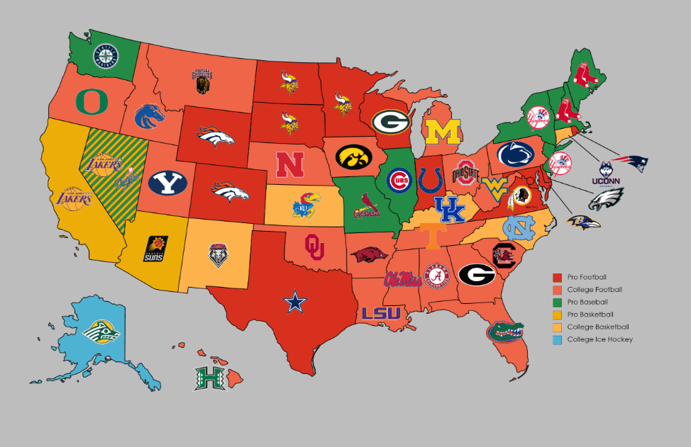 A U.S. map highlighting the most popular sports teams in each state, categorized by sport type. Teams include professional and college football, basketball, baseball, and hockey