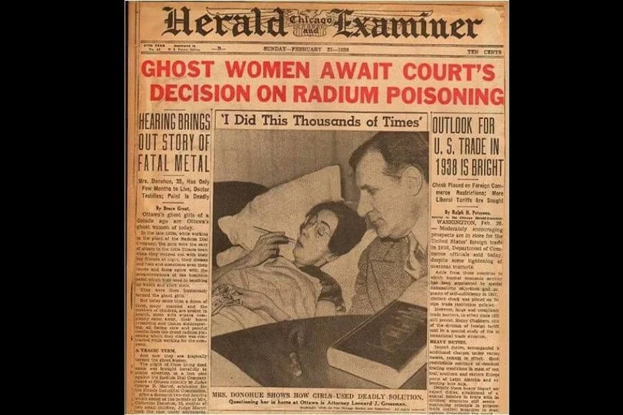 A vintage newspaper front page from the Chicago Herald Examiner, dated February 27, 1938, with the bold headline 'GHOST WOMEN AWAIT COURT'S DECISION ON RADIUM POISONING.' The main photograph shows a sick woman, Catherine Donohue, lying in bed demonstrating how she painted watch dials with radium, as a man, possibly an attorney, listens. Other headlines discuss the dangers of radium poisoning and its legal battle