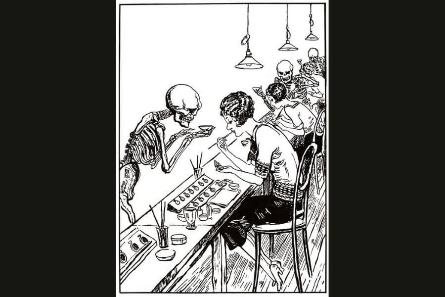 A black and white illustration depicting women painting watch dials at a factory, with eerie skeletal figures among them. One skeleton appears to be guiding a worker, while others in the background represent factory workers turning into skeletons. The artwork is a haunting commentary on the Radium Girls, factory workers who suffered radiation poisoning from painting luminous watch dials with radium-laced paint.
