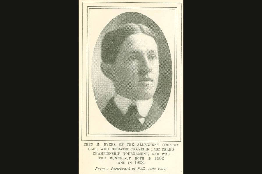 A vintage printed photograph of Eben M. Byers, a golfer from the Allegheny Country Club, with a formal portrait enclosed in an oval frame. The caption describes his achievements in championship tournaments, noting that he won in the previous year and was a runner-up in 1902 and 1903. The photograph is credited to Falk, New York.