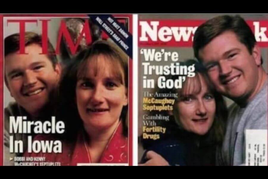 Side-by-side magazine covers from TIME and Newsweek, both featuring a smiling couple, Bobbi and Kenny McCaughey. The TIME cover reads "Miracle in Iowa," while Newsweek includes the headline "We're Trusting in God" and references the McCaughey septuplets and fertility treatments.