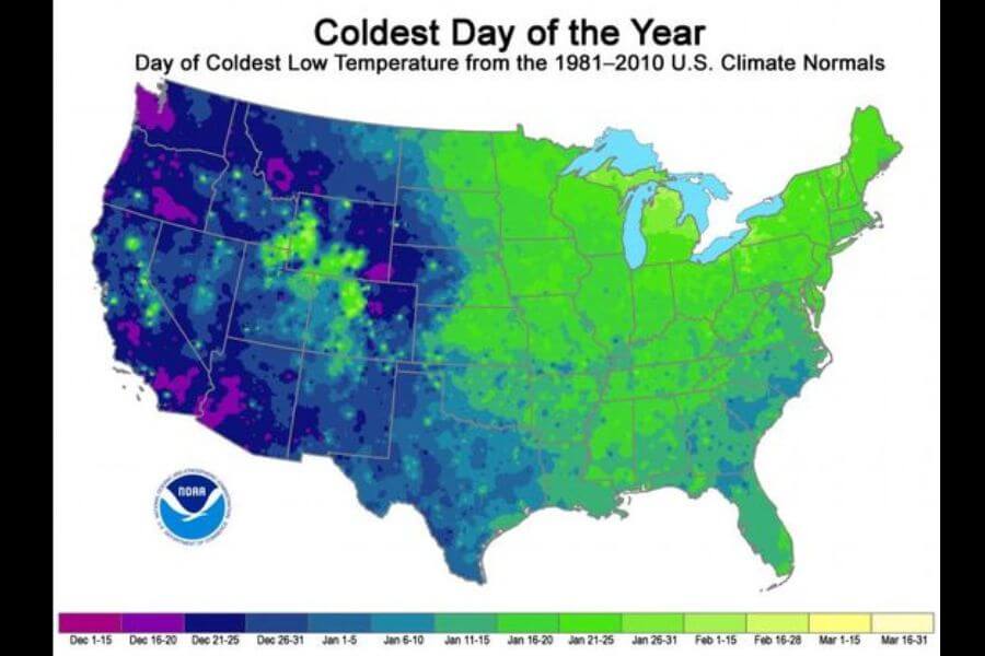 A U.S. map showing the coldest day of the year based on 1981–2010 climate normals. Different colors represent when the lowest temperatures typically occur, with the West experiencing them in December, while much of the Midwest and Northeast see their coldest days in January.