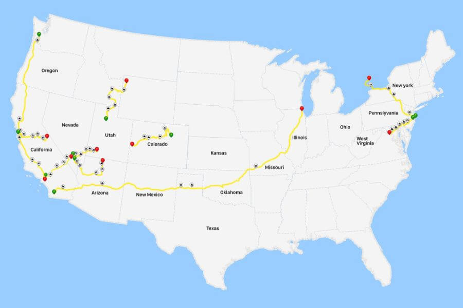 A U.S. map displaying a cross-country road trip route marked in yellow, with various stops indicated by red, green, and black location markers across different states from the East Coast to the West Coast.