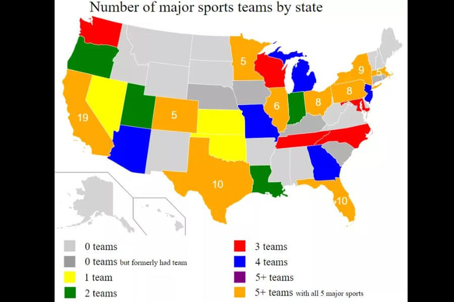 A U.S. map displaying the number of major sports teams in each state, color-coded by team count. States with no teams are in gray, while states with multiple teams, including those with all five major sports (NFL, NBA, MLB, NHL, MLS), are in dark green.