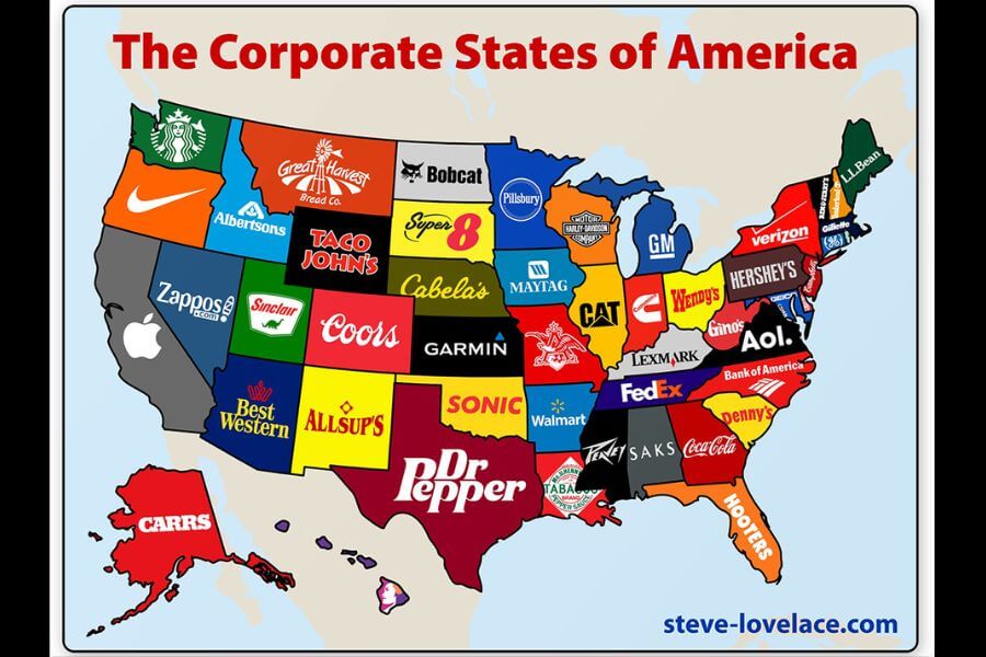 A U.S. map titled 'The Corporate States of America,' featuring the most iconic brand associated with each state. Examples include Starbucks for Washington, Apple for California, Coca-Cola for Georgia, and FedEx for Tennessee.