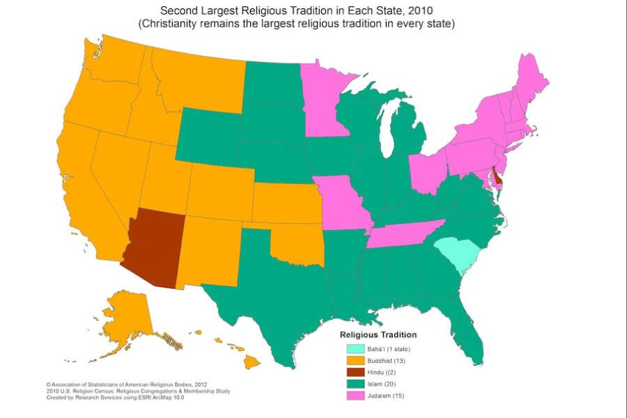 A U.S. map showing the second-largest religious tradition in each state as of 2010, with Christianity as the largest. States are color-coded by religious affiliation, including Buddhism, Hinduism, Islam, Judaism, and Baha'i.