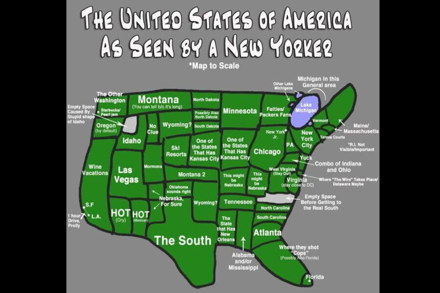 A humorous, exaggerated map titled 'The United States of America As Seen by a New Yorker,' labeling states with stereotypes, misconceptions, and NYC-centric perspectives, such as 'The South,' 'Las Vegas,' and 'Montana (You can tell it’s long).'