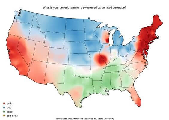 A U.S. map showing regional preferences for the generic term for a sweetened carbonated beverage. 'Soda' dominates the Northeast and West Coast, 'Pop' is common in the Midwest and Northwest, and 'Coke' is preferred in the South.