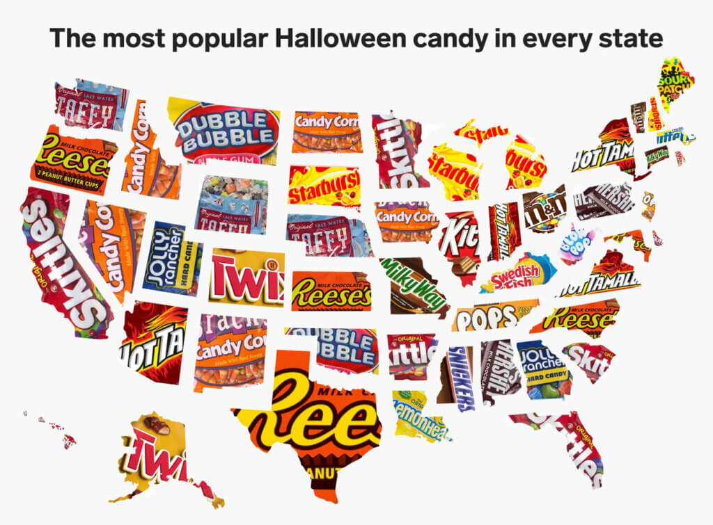 "A U.S. map showing the most popular Halloween candy in each state, with states represented by images of candy packaging. Popular choices include Reese’s, Skittles, Candy Corn, Kit Kat, and Hot Tamales.