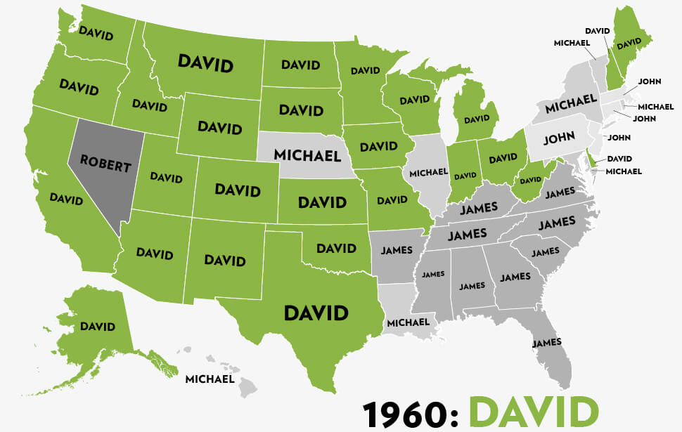 A U.S. map showing the most popular baby boy name in each state in 1960. 'David' dominates most states (green), while 'James,' 'Michael,' 'Robert,' and 'John' appear in others (gray).