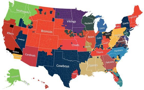 A U.S. map showing the most popular NFL team in each county, color-coded by team. The Cowboys, Broncos, Packers, and Patriots have large fan bases, with other teams dominating their respective regions.