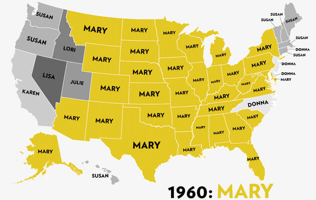 A U.S. map showing the most popular baby girl name in each state in 1960. 'Mary' dominates most states (yellow), while names like 'Susan,' 'Donna,' 'Karen,' 'Lisa,' 'Lori,' and 'Julie' appear in others (gray).