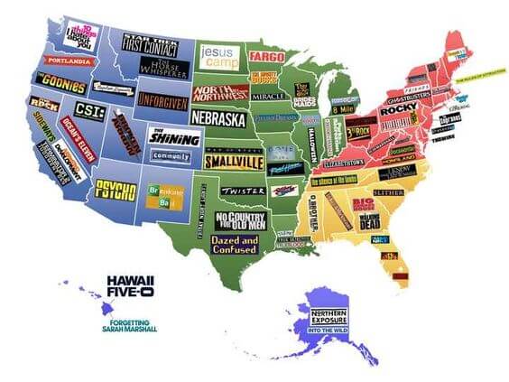 A U.S. map showcasing the most famous movie or TV show set in each state. Titles include The Shining for Colorado, Breaking Bad for New Mexico, Fargo for North Dakota, and Rocky for Pennsylvania."