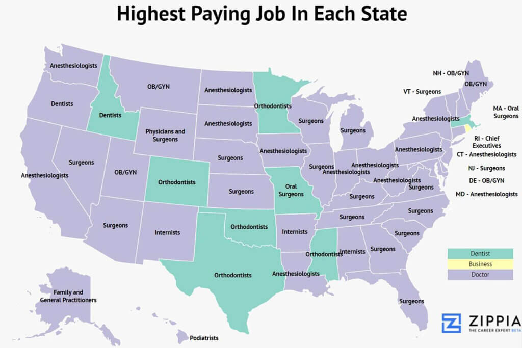 A U.S. map showing the highest-paying job in each state. Most states list medical professions such as anesthesiologists, surgeons, and orthodontists, with a few states featuring dentists, podiatrists, and chief executives.