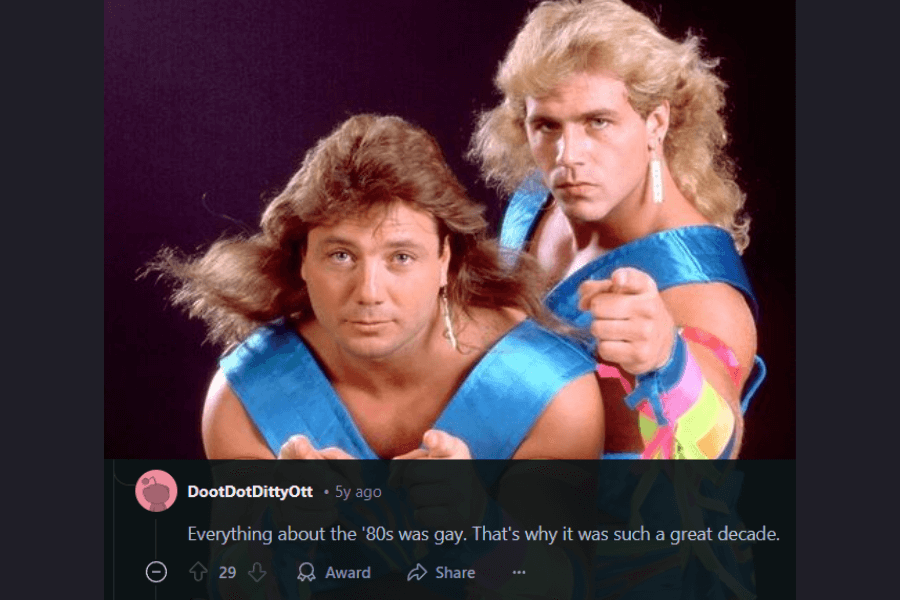 A vibrant, studio-lit photo of two muscular men in flamboyant 1980s wrestling attire, both with flowing mullets and matching blue outfits. One man has dark brown hair and is leaning forward, while the other has blonde curly hair and stands behind him, both pointing directly at the camera with intense expressions. A caption below praises the bold, expressive style of the 80s.