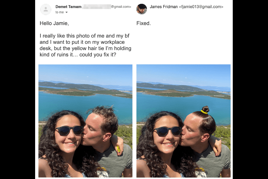 A side-by-side comparison of two photos: on the left, a woman wearing sunglasses smiles as her boyfriend kisses her cheek, with a scenic lake and mountains in the background. She holds a small yellow hair tie in her hand, which she finds distracting and requests James Fridman to remove. In the edited version on the right, instead of simply erasing it, Fridman humorously places the hair tie on the boyfriend’s head, creating a tiny, neatly tied top knot. His response is simply, "Fixed."