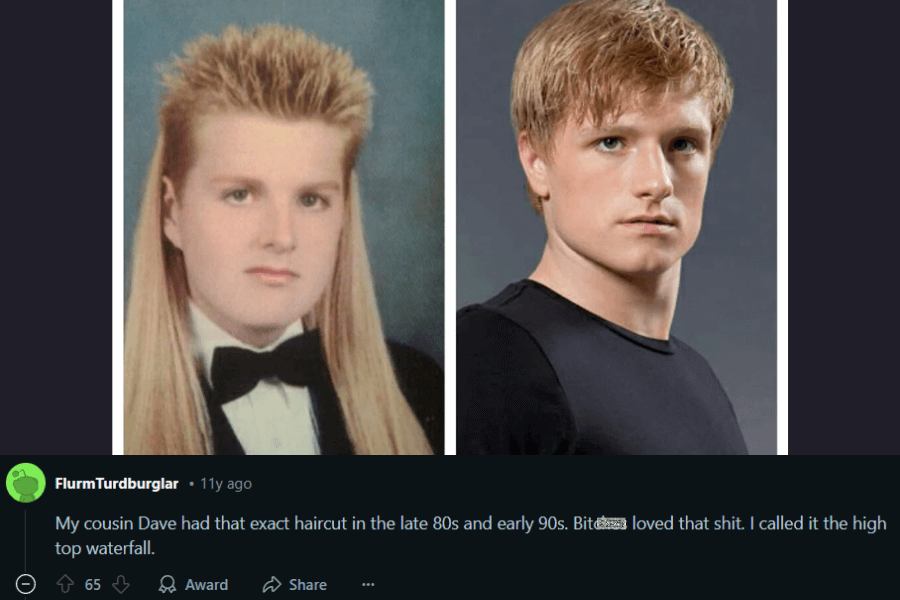 A side-by-side comparison of two portraits: on the left, a vintage yearbook photo of a young man with an exaggerated 80s mullet, featuring spiked hair on top and long, silky strands flowing down past his shoulders. He wears a tuxedo and bow tie, giving the look an amusingly formal contrast. On the right, a modern photo of an actor with a more conventional, tousled hairstyle. The caption humorously refers to the mullet as the "high top waterfall" and reminisces about its popularity in the late 80s and early 90s.