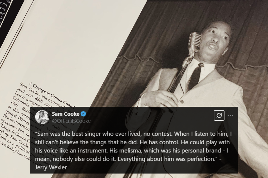 A black and white photograph of a male singer performing on stage in a classic suit and tie, gripping a vintage microphone stand. His expression is intense as he gestures with one hand, conveying deep emotion. The image is part of a book page, featuring text about his performance and the impact of his song A Change is Gonna Come on civil rights and music history.