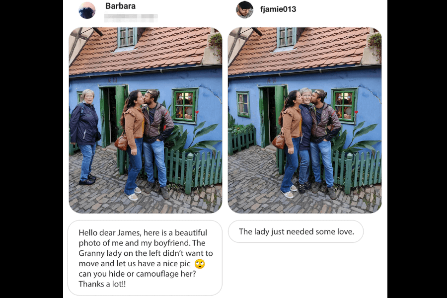 A side-by-side comparison of two photos: on the left, a couple shares a romantic moment in front of a quaint blue house, while an older woman in a navy jacket stands nearby, unintentionally appearing in their picture. The request asks James Fridman to "hide or camouflage" her. In the edited version on the right, rather than removing her, Fridman humorously brings her into the moment—placing her between the couple as they all share a warm embrace. His response reads, "The lady just needed some love."