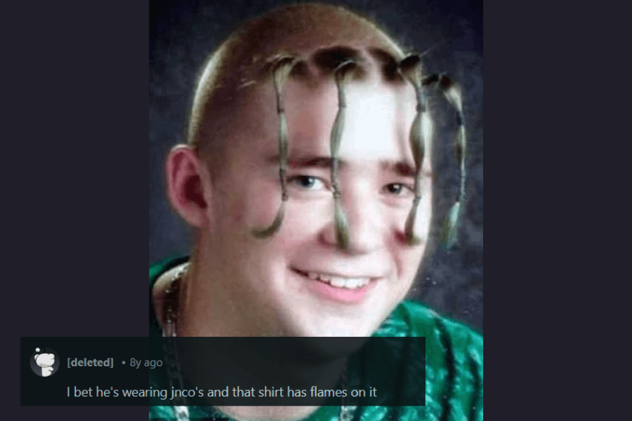 A young man with a buzzed head and several thin, twisted braids hanging down over his forehead, giving an exaggerated early 2000s aesthetic. He is wearing a shiny, green-patterned shirt and has a cheerful smile. The caption humorously suggests that he is also wearing JNCO jeans and a flame-printed shirt, referencing the peak of late 90s and early 2000s fashion trends.