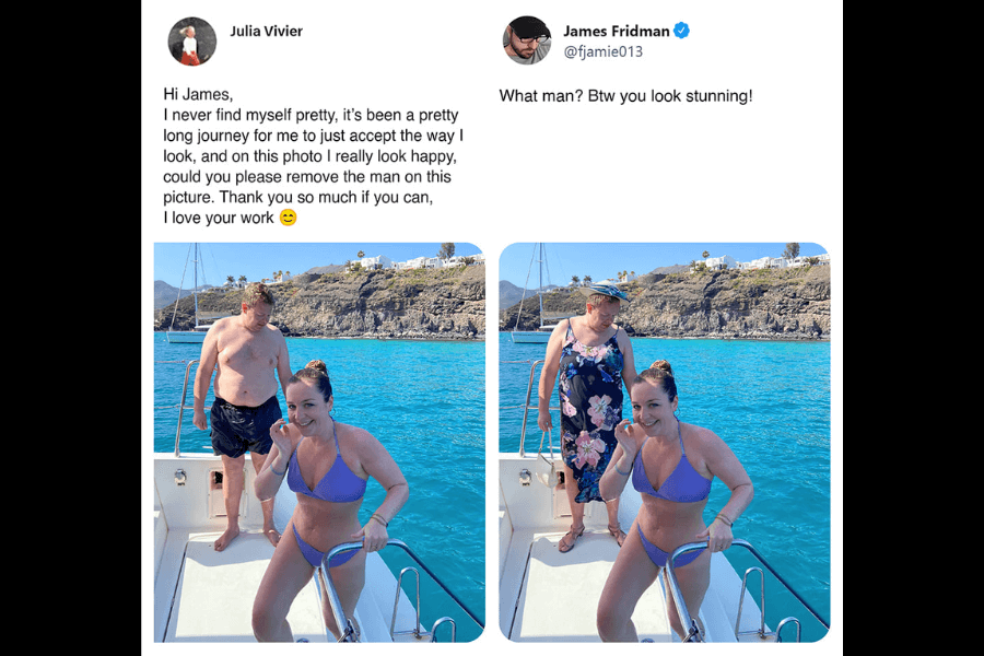 A side-by-side comparison of two photos: on the left, a woman in a purple bikini happily poses on a boat with crystal-clear blue water and rocky cliffs in the background. Behind her, a shirtless man in swim trunks walks toward the camera. She requests that James Fridman remove the man from the image. In the edited version on the right, instead of erasing him, Fridman humorously dresses the man in a floral dress and sun hat, making him blend into the scene differently. His response playfully reads, "What man? Btw you look stunning!"