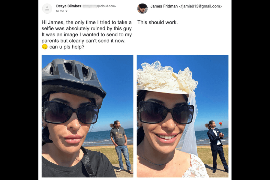 A side-by-side comparison of two photos: on the left, a woman wearing a bicycle helmet and sunglasses takes a selfie at the beach, but a casually dressed man with his hands in his pockets stands in the background, appearing to photobomb the shot. She asks James Fridman to "fix" the image. In the edited version on the right, Fridman transforms the scene into a wedding setting—replacing her helmet with an elegant lace bridal hat and veil while dressing the man in the background in a tuxedo, holding a red rose as if proposing. His playful response reads, "This should work."