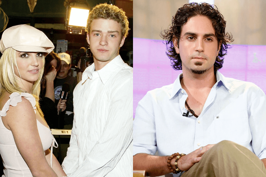 A side-by-side collage of two separate images. On the left, a young woman with long blonde hair, wearing a pink cap and matching outfit, stands next to a young man with curly blonde hair in a white button-up shirt. They are in a crowded event setting with bright lights and cameras behind them. On the right, a man with shoulder-length curly dark hair and a goatee sits in a television studio, wearing a light blue open-collared shirt and brown pants. He has a serious expression, with his hands resting on his knee.