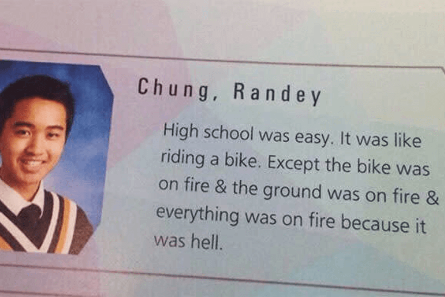 A high school yearbook photo of Randey Chung, a young man with short black hair, smiling at the camera while wearing a school sweater with black, white, and yellow stripes over a collared shirt and tie. His humorous yearbook quote reads, "High school was easy. It was like riding a bike. Except the bike was on fire & the ground was on fire & everything was on fire because it was hell."