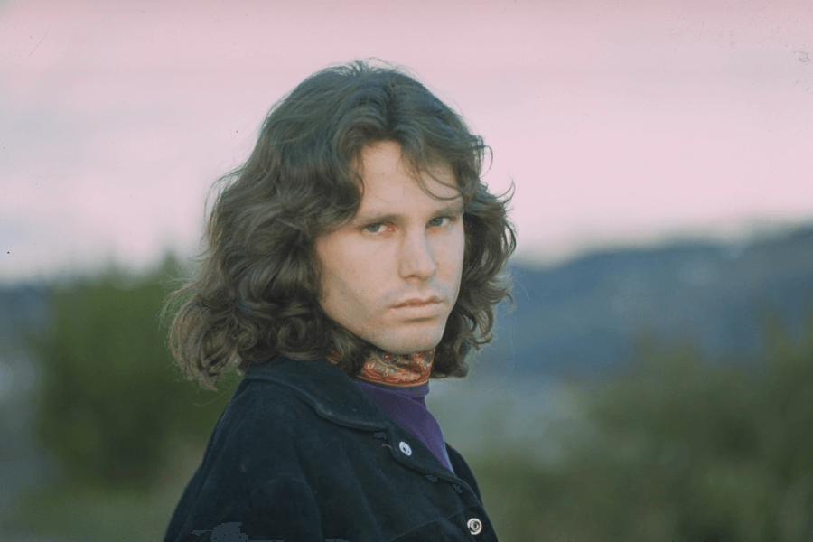 A young man with wavy, shoulder-length hair gazes intensely into the camera, standing outdoors with a soft pastel sky and rolling hills in the background. He wears a black suede jacket over a purple shirt, with a patterned scarf tied around his neck, giving him a vintage, bohemian look. The natural lighting and slightly grainy texture add a nostalgic, cinematic feel.