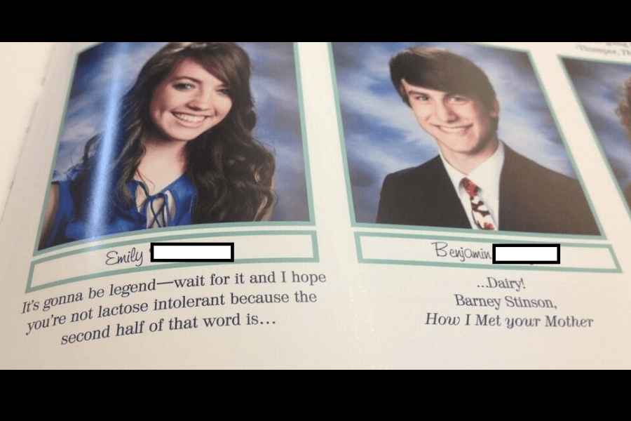 A high school yearbook spread featuring two students, Emily and Benjamin, smiling at the camera against a blue backdrop. Emily, wearing a blue top, begins a famous How I Met Your Mother quote: "It’s gonna be legend—wait for it and I hope you’re not lactose intolerant because the second half of that word is…". Benjamin, wearing a suit and a patterned tie, completes it with "...Dairy!" and attributes it to Barney Stinson from How I Met Your Mother.