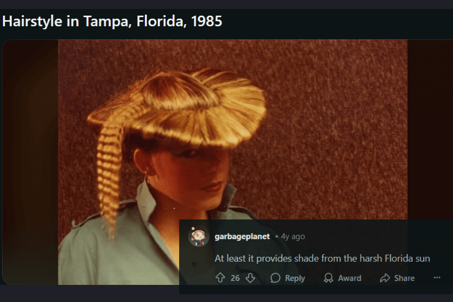 A woman with an extremely unique and elaborate 1980s hairstyle featuring a sculpted, fan-like arrangement of hair that extends outward like a visor. The front section is meticulously shaped and stiffened, while long braided strands hang down from the sides. She wears a collared shirt and poses against a textured brown backdrop. A humorous comment below jokes that the style "provides shade from the harsh Florida sun."