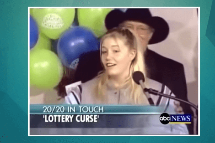 A young blonde woman speaks at a microphone during a televised event, with a man in a black cowboy hat standing behind her. Green and blue balloons with the "West Virginia Lottery" logo are visible in the background. The image is a screenshot from an ABC News "20/20" segment titled "Lottery Curse," displayed on a teal-colored digital frame.