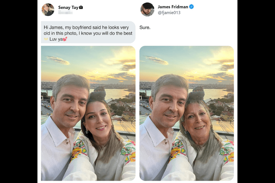 A side-by-side comparison of two photos: on the left, a couple poses for a selfie on a rooftop at sunset, overlooking a scenic cityscape. The woman requests James Fridman to edit the image because her boyfriend thinks he looks "very old" in the photo. In the edited version on the right, instead of making the boyfriend look younger, Fridman humorously ages the woman, giving her gray hair and wrinkles so that they "match" in appearance. His response is simply, "Sure."