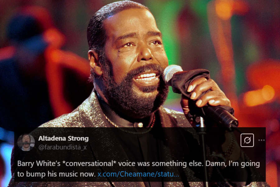 A male soul singer performs on stage, holding a microphone wrapped in a black cloth. He wears a shimmering black suit, a gold chain necklace, and a gold watch, exuding elegance and charisma. The warm stage lighting and blurred background of musicians enhance the intimate and emotional atmosphere of the performance.