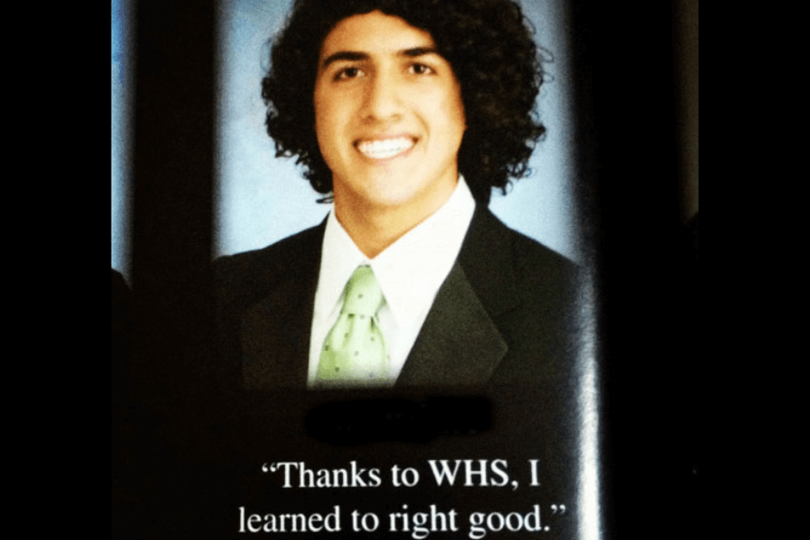 A high school yearbook photo of a young man with curly hair, smiling at the camera while wearing a black suit, white shirt, and a light green tie against a blue background. Below his name, his humorous yearbook quote reads, "Thanks to WHS, I learned to right good," intentionally using incorrect grammar for comedic effect.