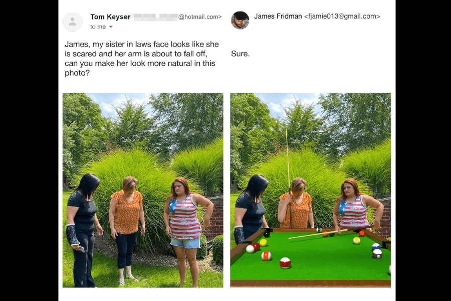 A side-by-side comparison of two photos: on the left, three women stand in a garden, engaged in conversation. One of them, wearing a striped tank top, has a tense expression and an awkward arm position. The request asks James Fridman to make her look more natural. In the edited version on the right, Fridman humorously transforms the scene into a pool (billiards) game—adding a pool table in front of them, a cue stick in one woman’s hand, and turning the awkward arm pose into a casual stance as if they are playing a game. His response is simply, "Sure."