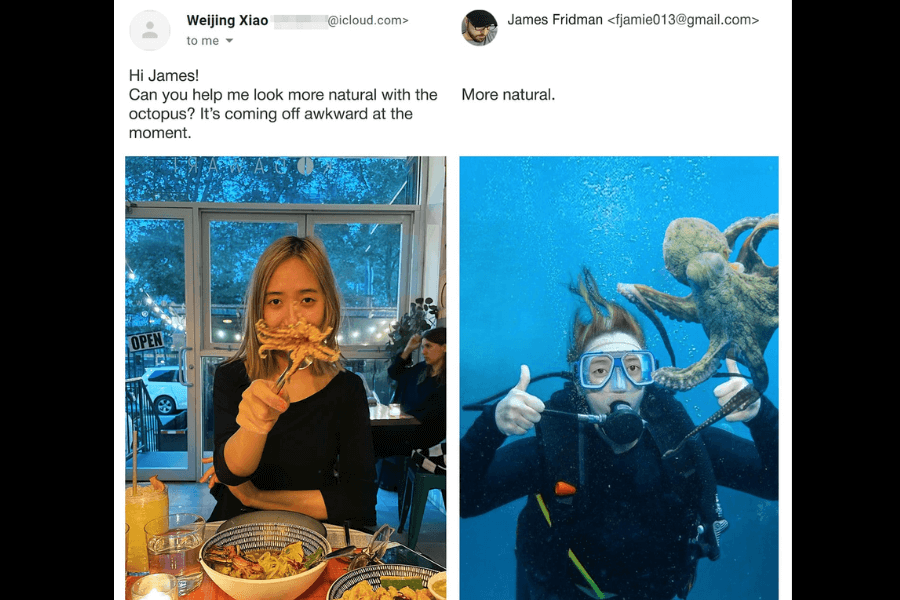A side-by-side comparison of two photos: on the left, a woman in a restaurant holds up a cooked octopus tentacle with chopsticks while posing for the camera, requesting James Fridman to make the scene look "more natural." In the edited version on the right, Fridman humorously places her underwater in full scuba diving gear, with a live octopus reaching toward her, making it look like she is interacting with it in its natural habitat. His response simply reads, "More natural."
