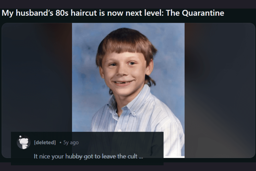 A vintage school portrait of a young boy with an awkward 1980s haircut, featuring short, uneven bangs and longer hair in the back, resembling a DIY bowl cut with extra flair. He wears a striped button-up shirt and smiles innocently at the camera. The meme caption jokes about the haircut being "next level" due to quarantine-era DIY haircuts, while a comment humorously suggests it resembles something from a cult.