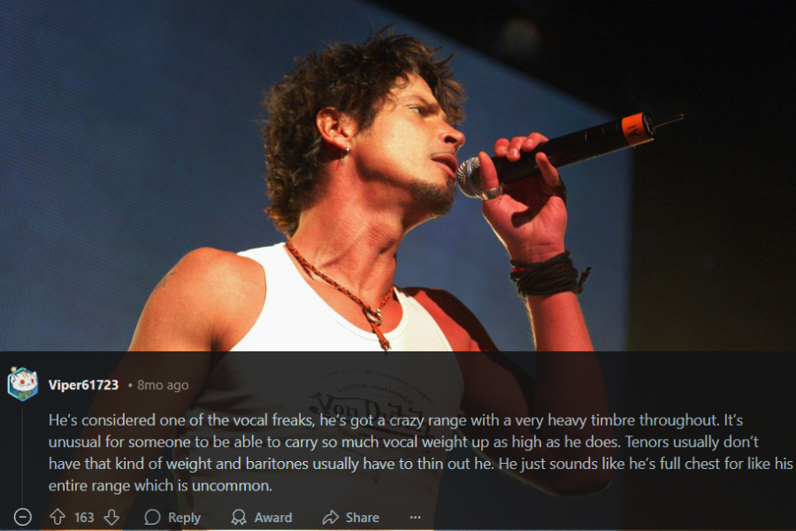 A male rock singer passionately performs on stage, gripping a microphone while tilting his head back. He wears a white Von Dutch tank top, a beaded necklace, and wristbands, exuding an intense and energetic presence. The stage lighting casts a warm glow, highlighting his expressive performance.