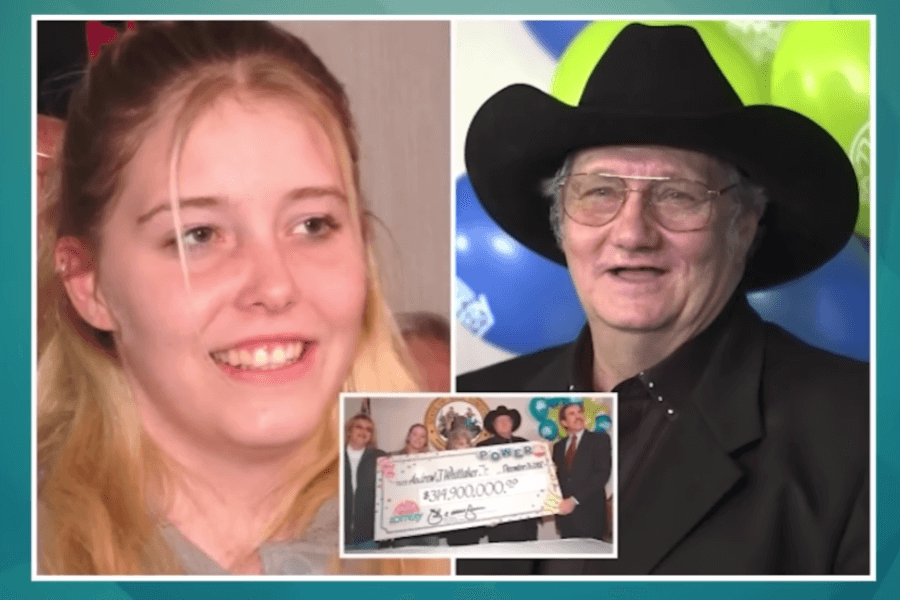 A digital collage featuring a young blonde woman smiling on the left and an older man in a black cowboy hat and glasses on the right. In the bottom corner, there is a smaller inset image of a lottery-winning moment, showing the man holding a massive Powerball check for $314.9 million alongside family and officials. The background includes blue and green balloons with the "West Virginia Lottery" logo.