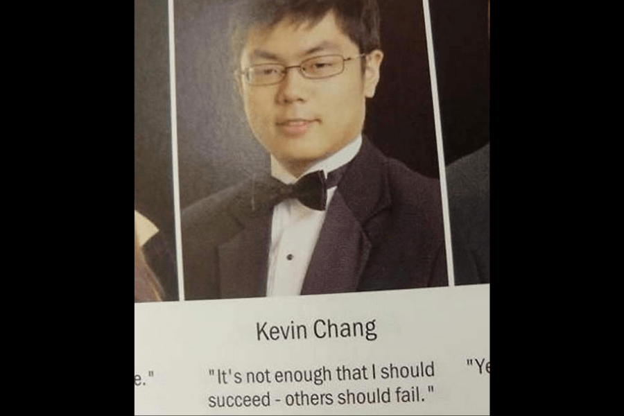 A high school yearbook photo of Kevin Chang, a young man wearing glasses and a black tuxedo with a bow tie, looking slightly serious against a neutral backdrop. Below his name, his bold and humorous yearbook quote reads, "It's not enough that I should succeed—others should fail."