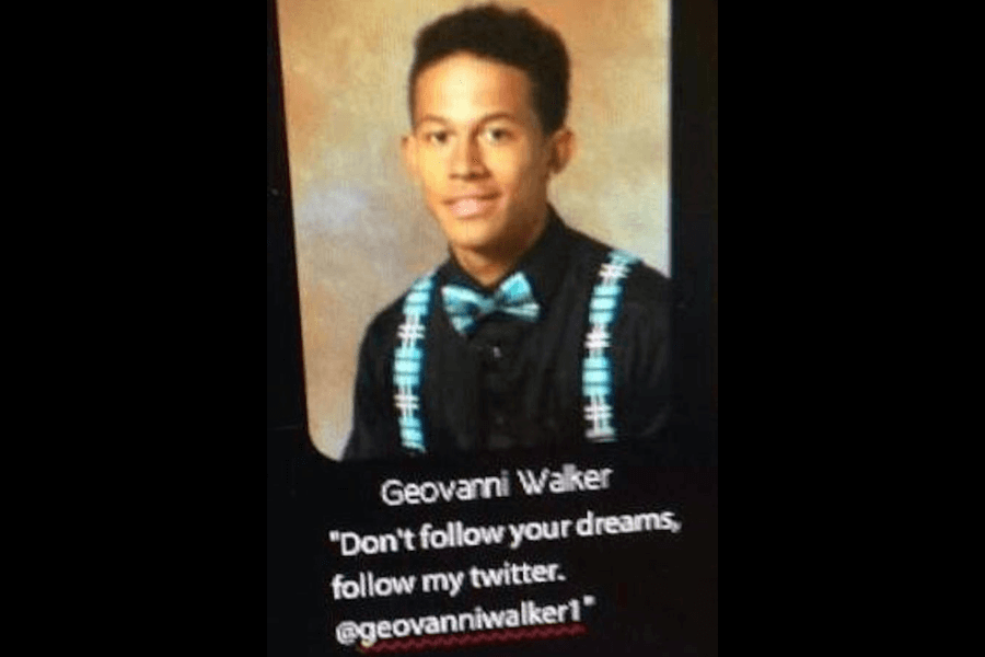  A high school yearbook photo of Geovanni Walker, a young man wearing a black shirt, a blue plaid bow tie, and matching suspenders, smiling at the camera against a warm-toned background. Below his name, his humorous yearbook quote reads, "Don't follow your dreams, follow my Twitter. @geovanniwalker1."