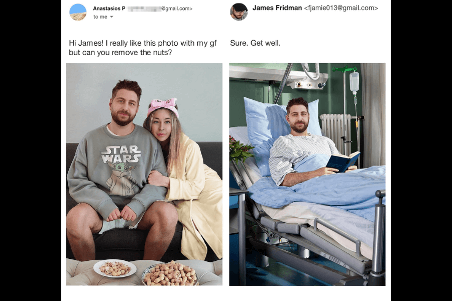 A side-by-side comparison of two photos: on the left, a couple sits closely together on a couch, with the man wearing a Star Wars sweatshirt and a plate of peanuts in front of them. He asks James Fridman to "remove the nuts" from the image. In the edited version on the right, rather than just erasing the peanuts, Fridman humorously places the man in a hospital bed, dressed in a patient gown, as if he had an allergic reaction. His response reads, "Sure. Get well."