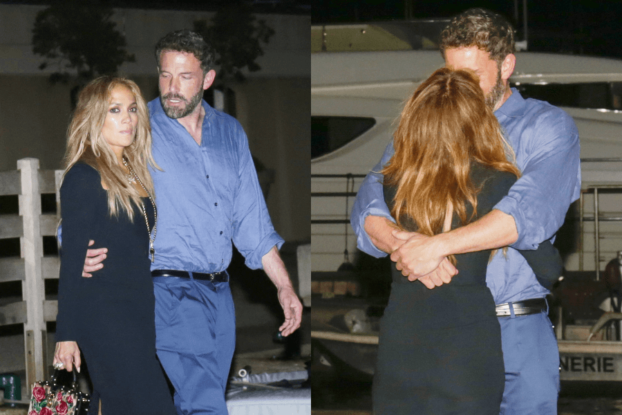 A side-by-side collage of two nighttime candid photos featuring a couple in an outdoor setting. In the left image, the woman, dressed in a long black dress and carrying a designer handbag, walks beside the man in a slightly unbuttoned blue shirt and dark pants, who reaches out toward her. In the right image, the man embraces the woman in a tight hug, with her back to the camera, as they stand near a docked yacht.