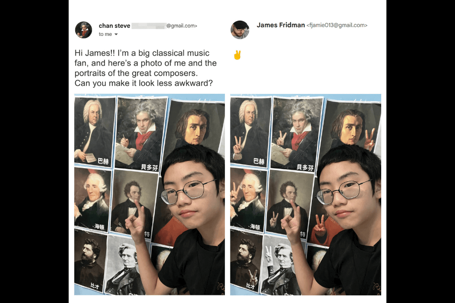 A side-by-side comparison of two photos: on the left, a young man wearing glasses and a black shirt poses in front of a wall covered with portraits of famous classical composers, holding up a peace sign. His email asks James Fridman to make the image look "less awkward." On the right, Fridman humorously edits the composers' portraits so that several of them are also holding up peace signs, making it look like they are all joining in on the pose. His response is simply a peace sign emoji.