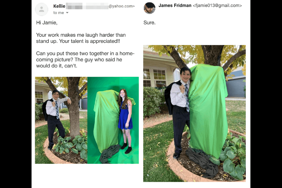 A side-by-side comparison of two images: on the left, two separate photos show a young man in a suit posing by a tree and a young woman in a blue dress standing next to a green screen. The request asks James Fridman to put them together in a homecoming picture since the original person who was supposed to do it couldn't. In the edited version on the right, rather than seamlessly combining them, Fridman humorously places the green screen itself into the outdoor setting, covering what should have been the young woman, making it look like he just draped a green sheet over a person. His response simply reads, "Sure."
