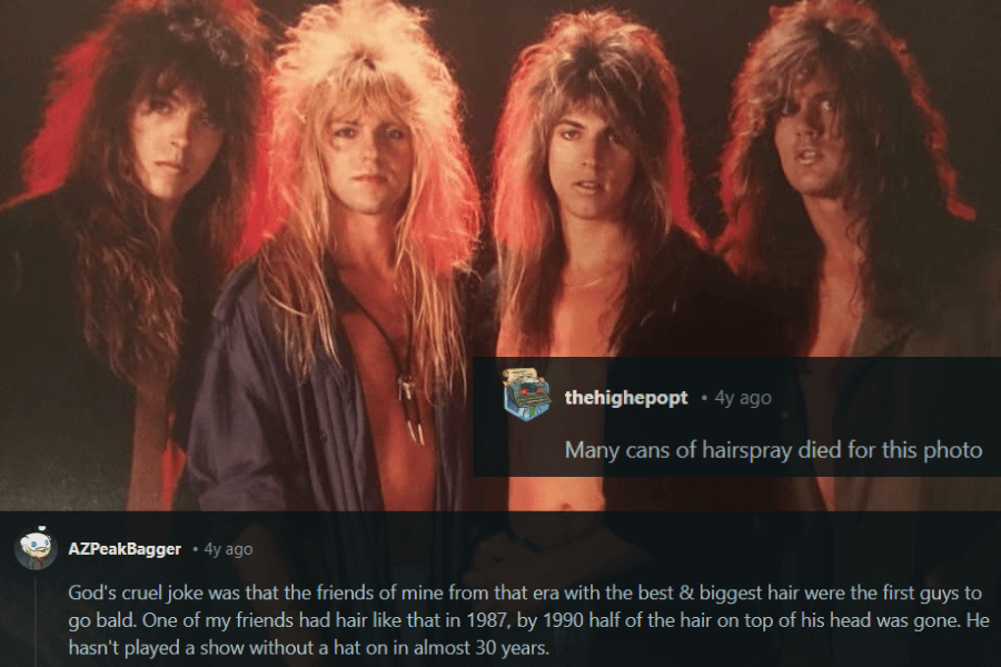 A classic 1980s glam metal band photo featuring four men with towering, teased, and voluminous hair, styled with excessive hairspray for maximum impact. They wear open shirts, leather jackets, and layered necklaces, embodying the peak of rockstar fashion. A comment humorously notes that “many cans of hairspray died for this photo,” while another reminisces about how the guys with the biggest hair were often the first to go bald.